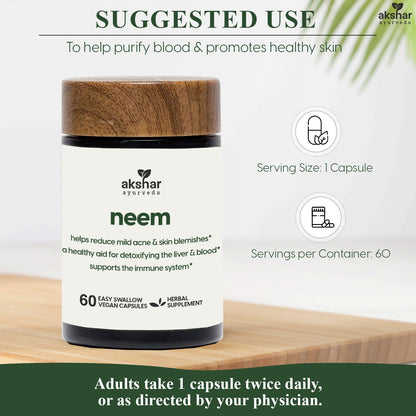 AKSHAR Ayurveda Neem Capsules with Neem Extract & Leaf Powder - 60 Count, Vegan & Cruelty-Free