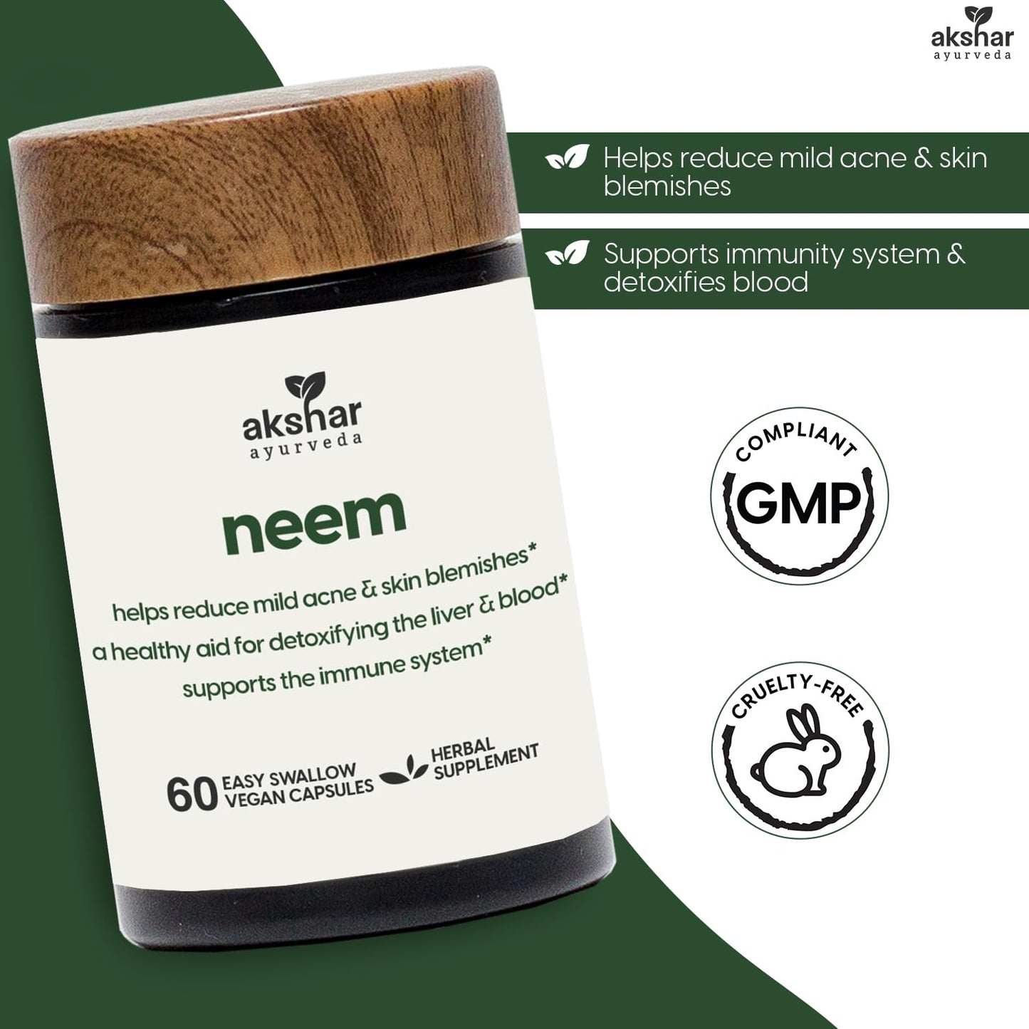 AKSHAR Ayurveda Neem Capsules with Neem Extract & Leaf Powder - 60 Count, Vegan & Cruelty-Free