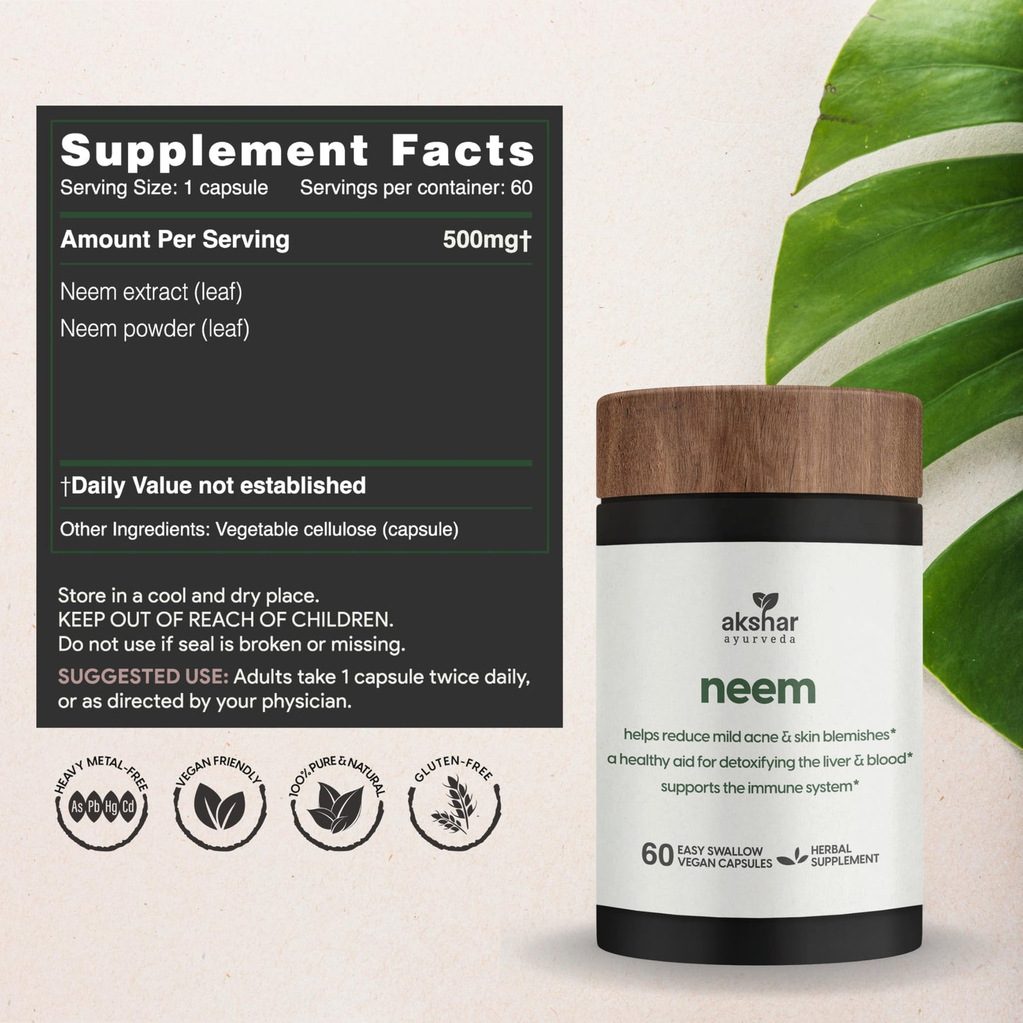 AKSHAR Ayurveda Neem Capsules with Neem Extract & Leaf Powder - 60 Count, Vegan & Cruelty-Free