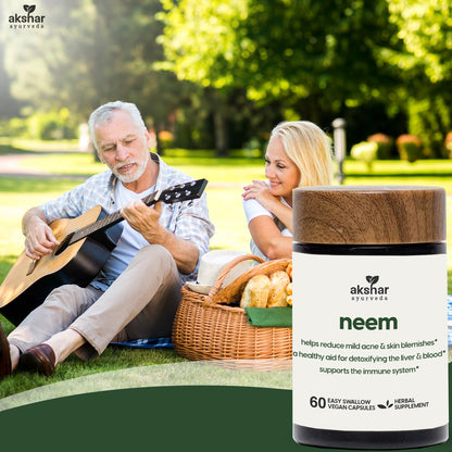 AKSHAR Ayurveda Neem Capsules with Neem Extract & Leaf Powder - 60 Count, Vegan & Cruelty-Free