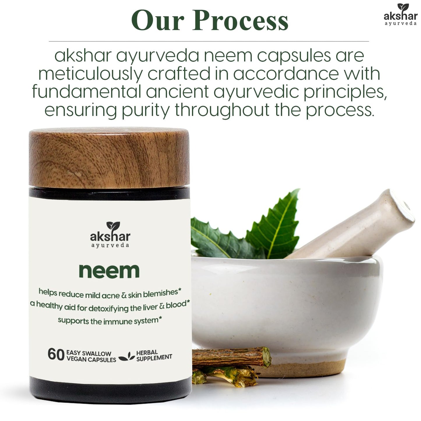 AKSHAR Ayurveda Neem Capsules with Neem Extract & Leaf Powder - 60 Count, Vegan & Cruelty-Free