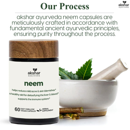 AKSHAR Ayurveda Neem Capsules with Neem Extract & Leaf Powder - 60 Count, Vegan & Cruelty-Free