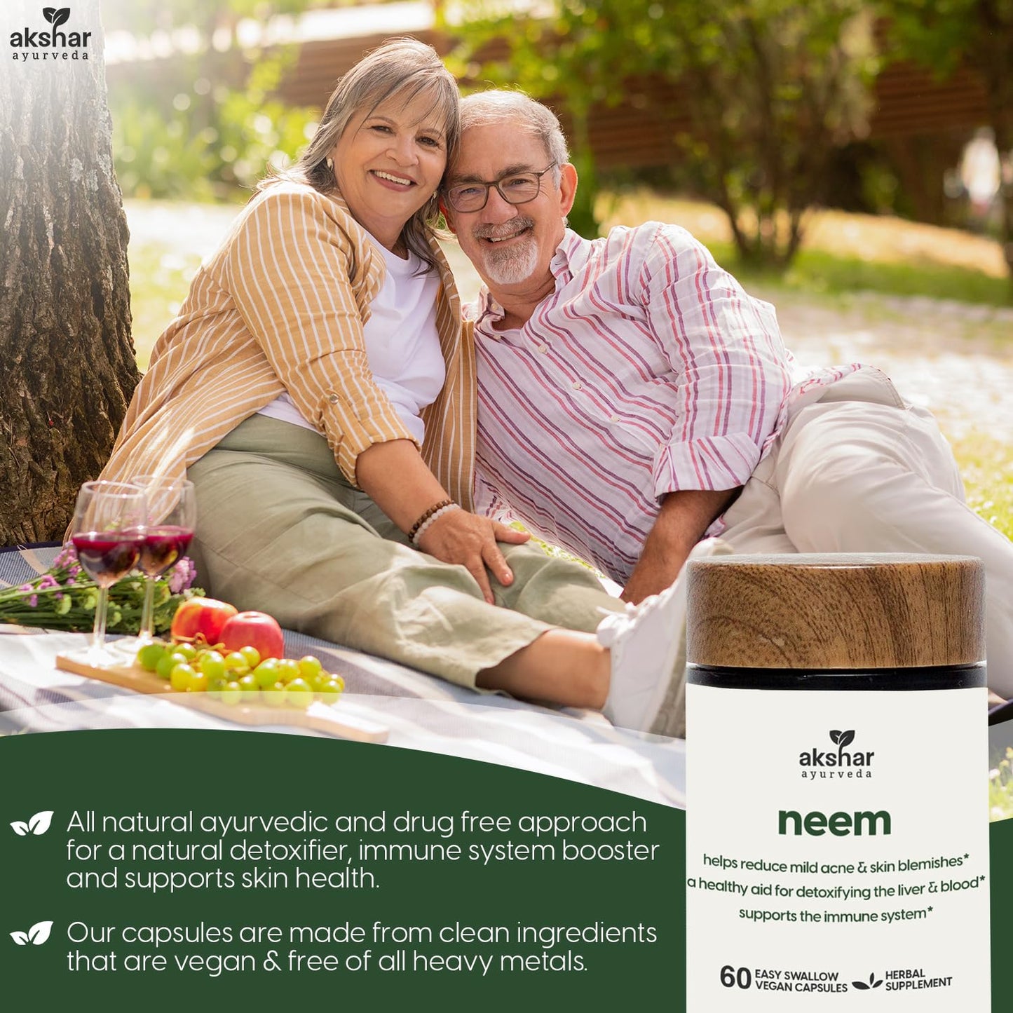 AKSHAR Ayurveda Neem Capsules with Neem Extract & Leaf Powder - 60 Count, Vegan & Cruelty-Free