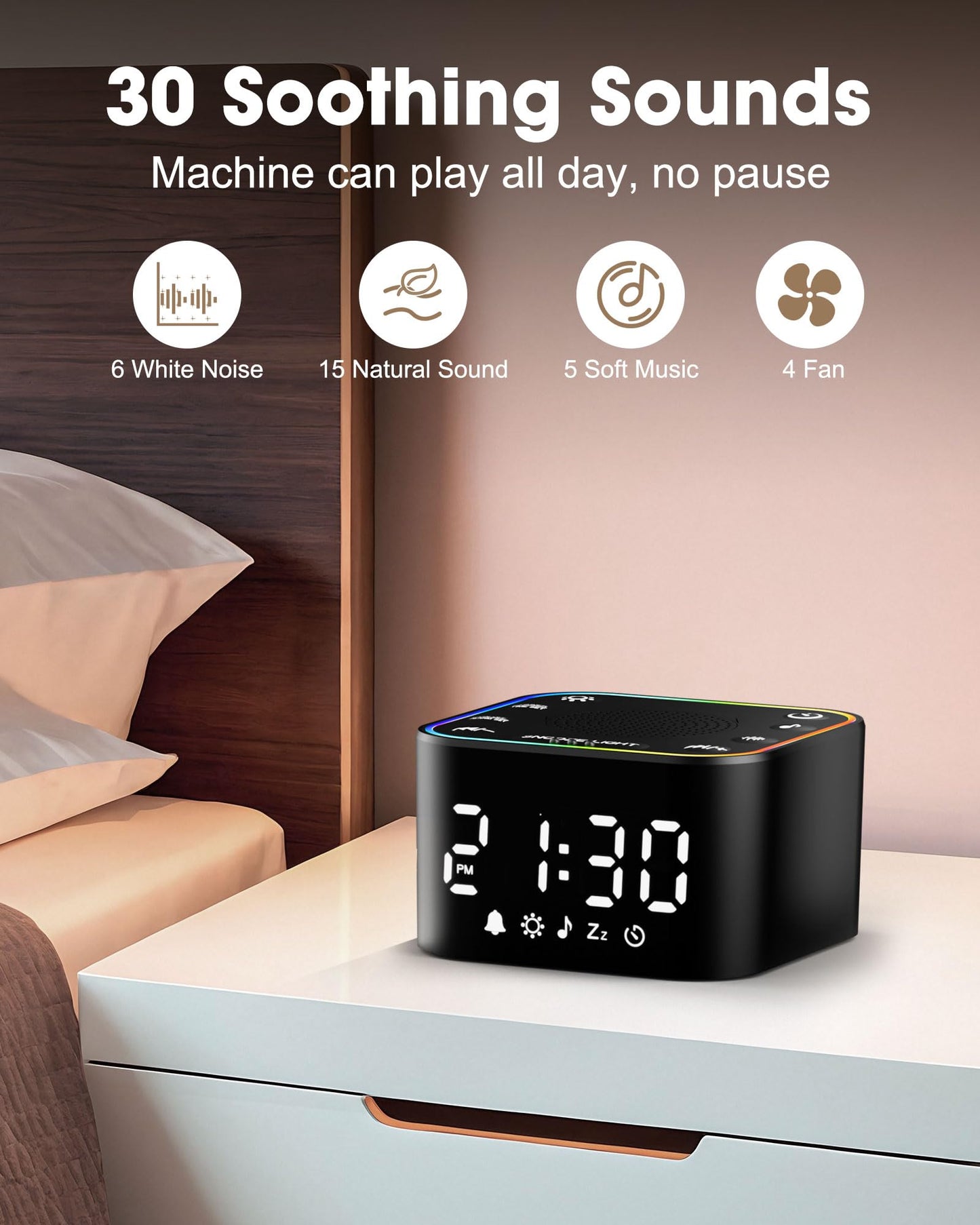 Alampan White Noise Sound Machine with Alarm Clock – 30 Soothing Sounds