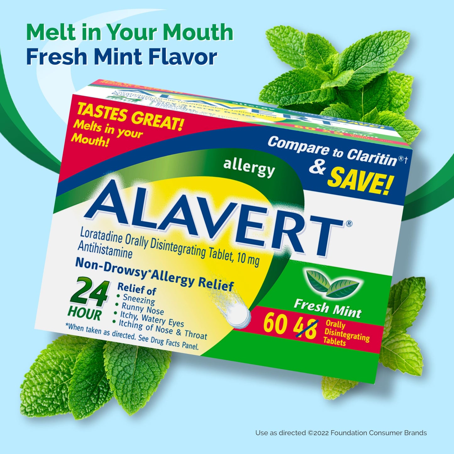 Alavert Allergy 24 Hour Relief – Mint Flavor, Non-Drowsy Loratadine 10 mg, Orally Disintegrating Tablets, 60 Count