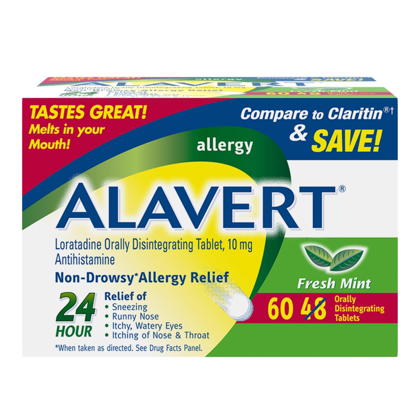 Alavert Allergy 24 Hour Relief – Mint Flavor, Non-Drowsy Loratadine 10 mg, Orally Disintegrating Tablets, 60 Count