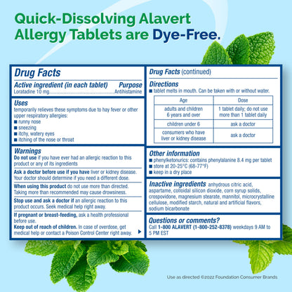 Alavert Allergy 24 Hour Relief – Mint Flavor, Non-Drowsy Loratadine 10 mg, Orally Disintegrating Tablets, 60 Count