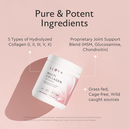 Alaya Multi Collagen Powder – Supports Hair, Skin, Nails & Bone Health | 5 Types Collagen Peptides (20 Servings)