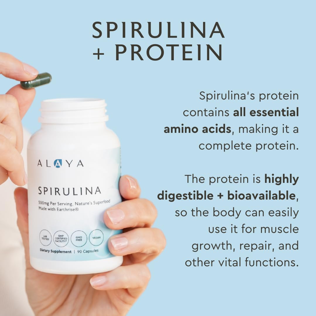 Alaya Naturals Pure Spirulina Capsules – Earthrise Spirulina, Non-GMO & Vegan, 500 mg, 90 Caps