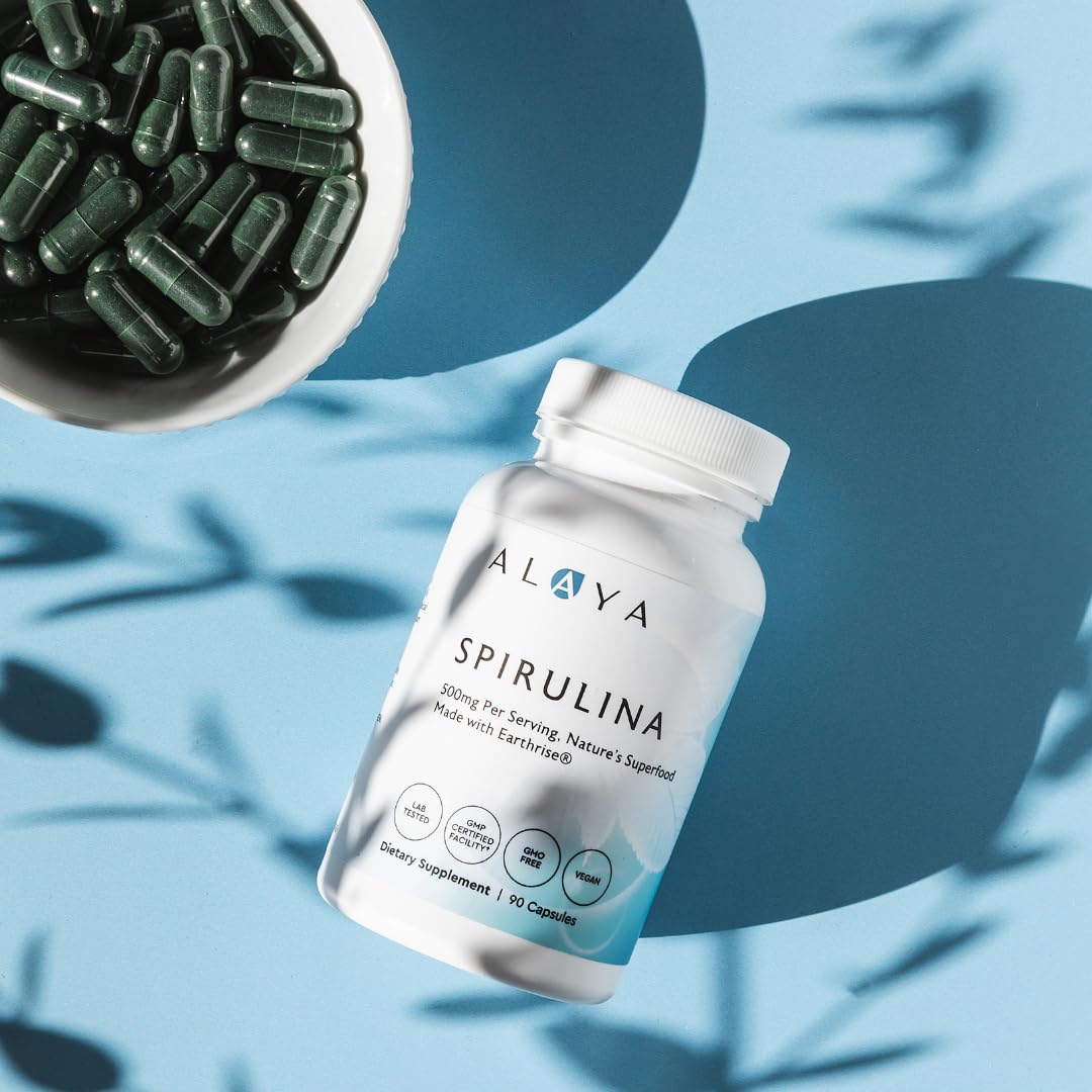 Alaya Naturals Pure Spirulina Capsules – Earthrise Spirulina, Non-GMO & Vegan, 500 mg, 90 Caps