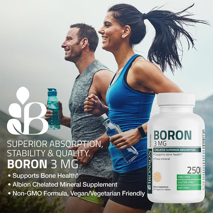Bronson Boron 3 mg Chelated for Bone Health | Non-GMO, 250 Vegetarian Tablets