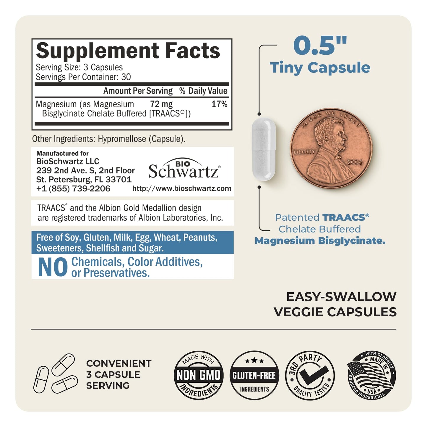 Magnesium Bisglycinate 100% Chelate No-Laxative Effect - Maximum Absorption & Bioavailability, Fully Reacted & Buffered - Healthy Energy Muscle Bone & Joint Support - Non-GMO Project Verified - 90 ct