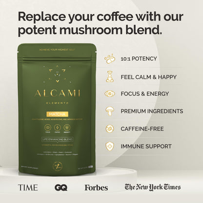 alcami elements Matcha Mushroom Coffee 10X Extract | Lion's Mane, Reishi & Cordyceps | 30 Servings