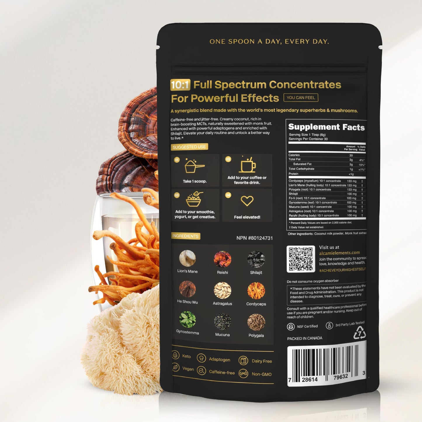 Alcami Elements Mushroom Espresso Coffee – 10X Concentrated Extract with Lion’s Mane, Reishi & Cordyceps | 30 Servings