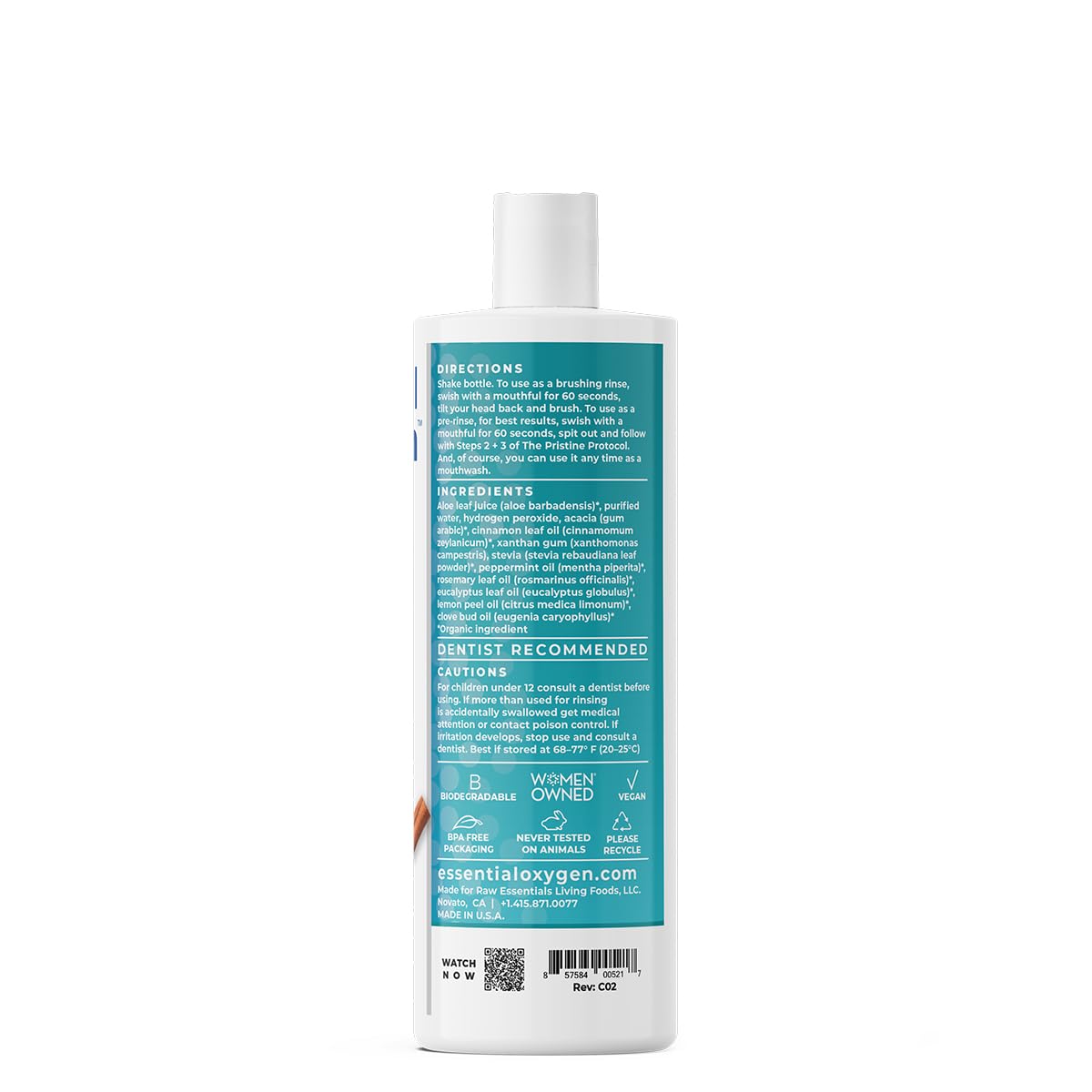 Essential Oxygen Cinnamint Mouthwash – Organic, Alcohol-Free, Whitening 16 oz