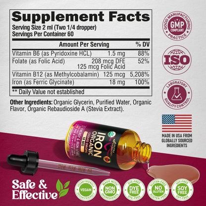 Liquid Iron Drops for Women 18 mg – USDA Organic, USA-Made, Cherry Flavor
