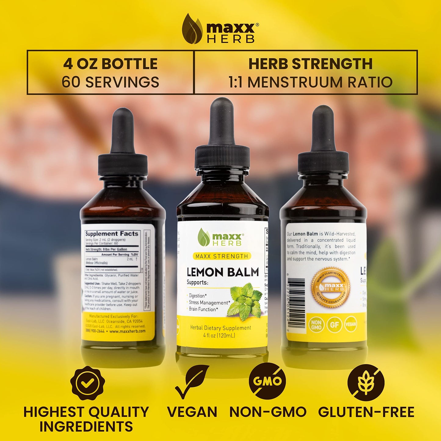 Maxx Herb Lemon Balm Extract | Max Strength Liquid Tincture (Alcohol Free) | 4 oz