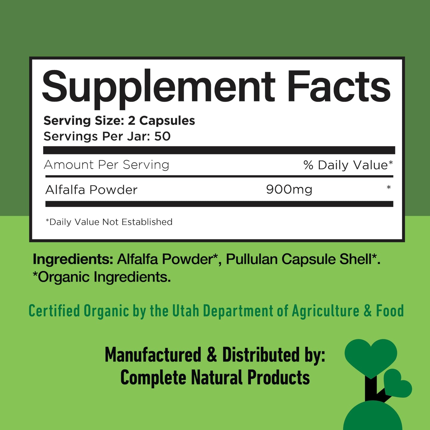 Pure Alfalfa Leaf Capsules 450mg - 100 Vegan, Organic | Complete Natural Products