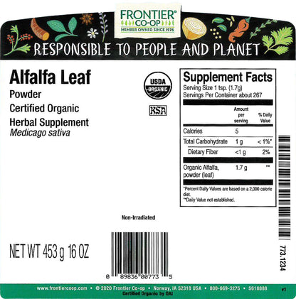 Frontier Co-op Organic Alfalfa Leaf Powder – Kosher, 1 lb Bulk Bag | Medicago sativa L.