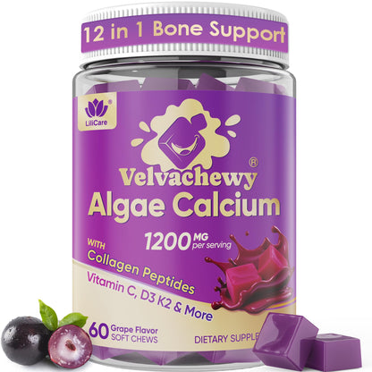 Algae Calcium Soft Chews 1200mg + Collagen | D3/K2 | Plant-Based Calcium Gummies – 60 Count