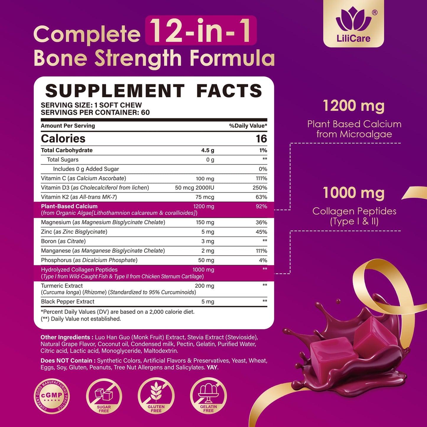 Algae Calcium Soft Chews 1200mg + Collagen | D3/K2 | Plant-Based Calcium Gummies – 60 Count