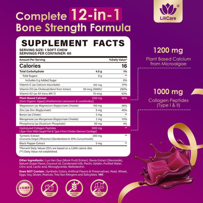 Algae Calcium Soft Chews 1200mg + Collagen | D3/K2 | Plant-Based Calcium Gummies – 60 Count