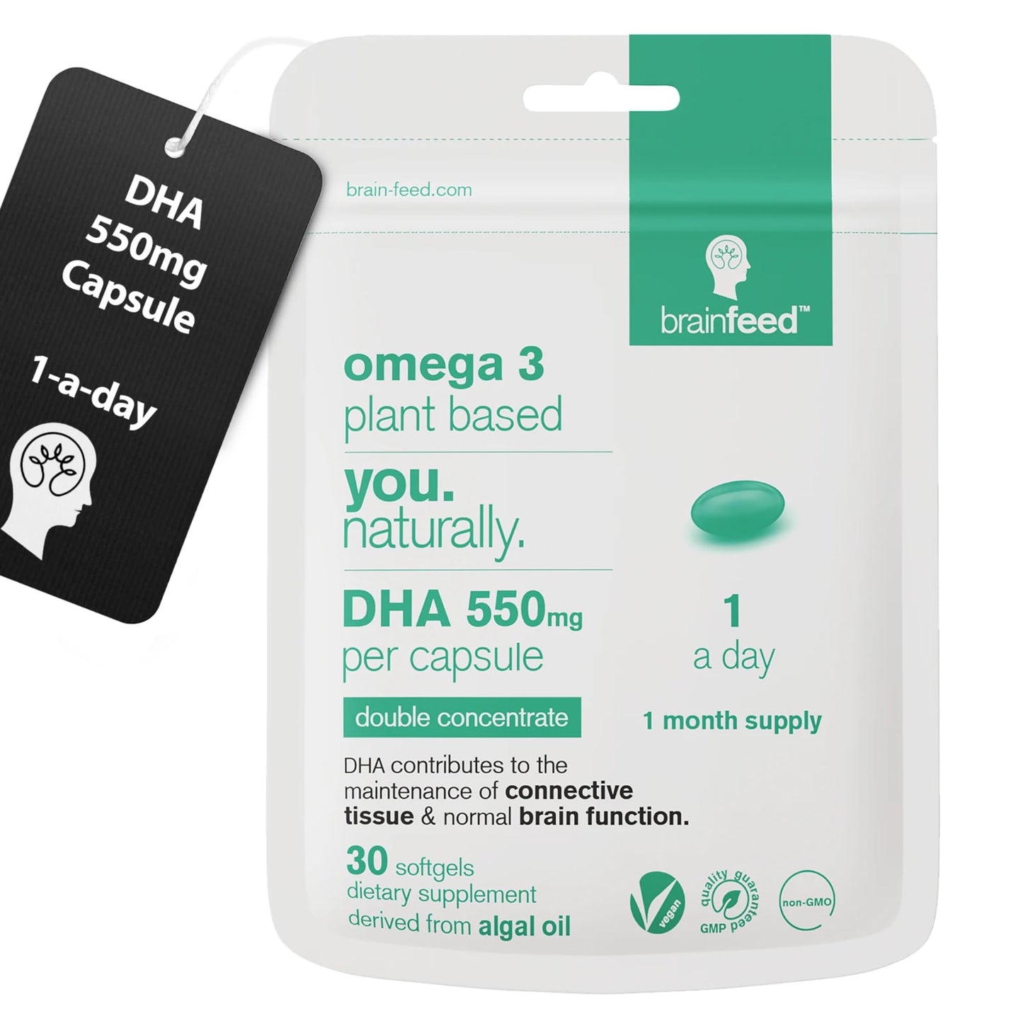 Algae DHA Supplements - 550mg DHA per Capsule | 1-A-Day Vegan Omega-3 for Brain & Eye Health | 30 Capsules
