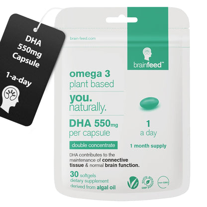 Algae DHA Supplements - 550mg DHA per Capsule | 1-A-Day Vegan Omega-3 for Brain & Eye Health | 30 Capsules