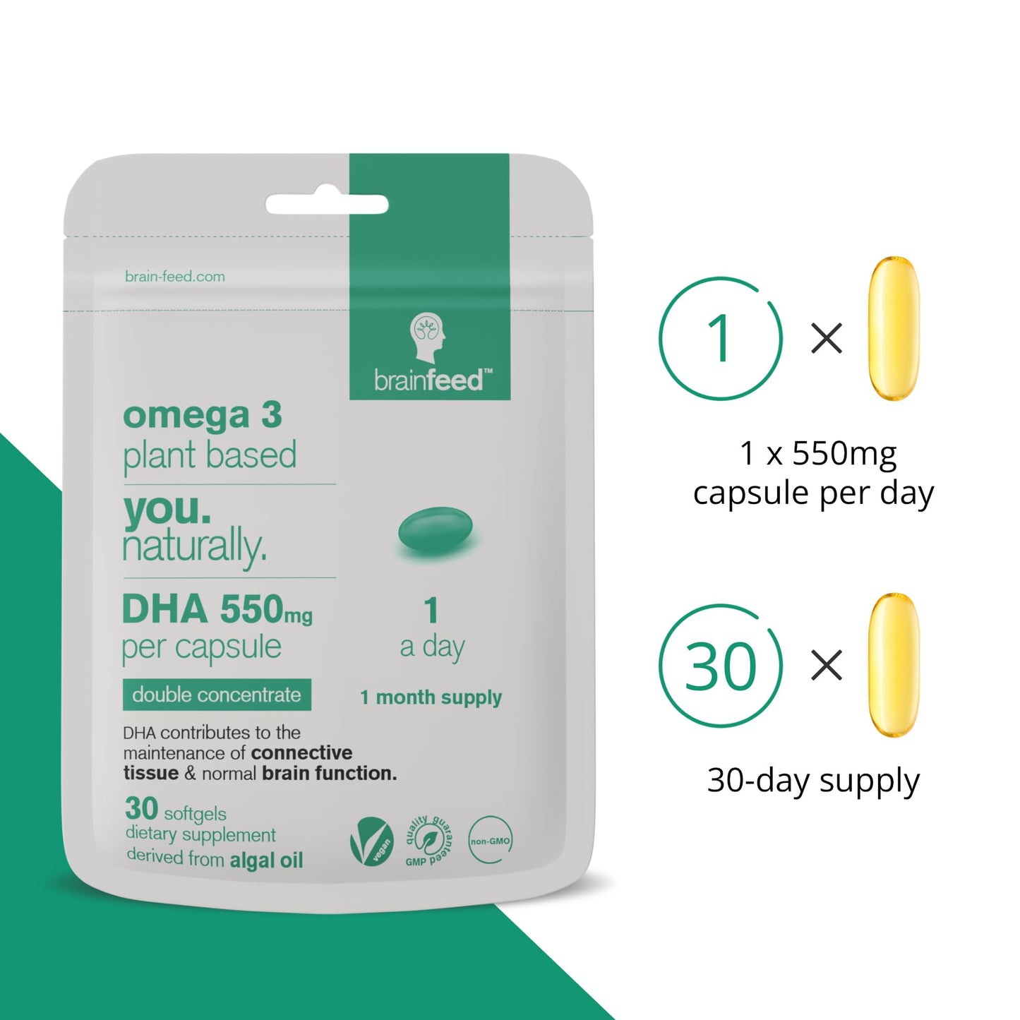 Algae DHA Supplements - 550mg DHA per Capsule | 1-A-Day Vegan Omega-3 for Brain & Eye Health | 30 Capsules