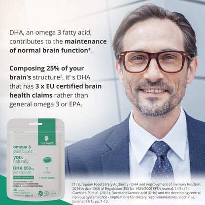 Algae DHA Supplements - 550mg DHA per Capsule | 1-A-Day Vegan Omega-3 for Brain & Eye Health | 30 Capsules