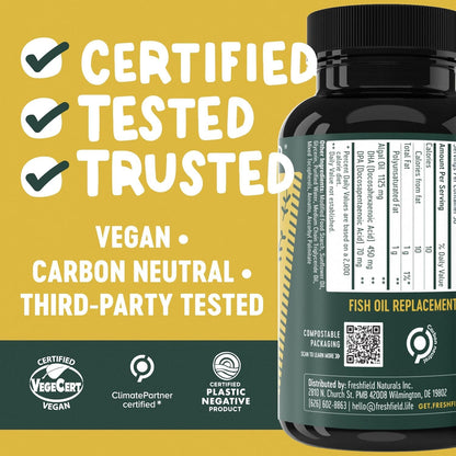 Freshfield Vegan Omega-3 from Algae - Plant-Based DHA + DPA, 3rd-Party Tested
