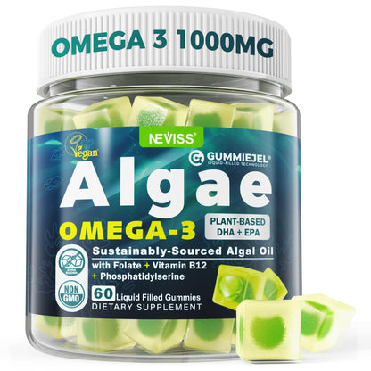 Algae Omega-3 Gummies 1000mg | Vegan DHA 460mg EPA 230mg | 60 Count