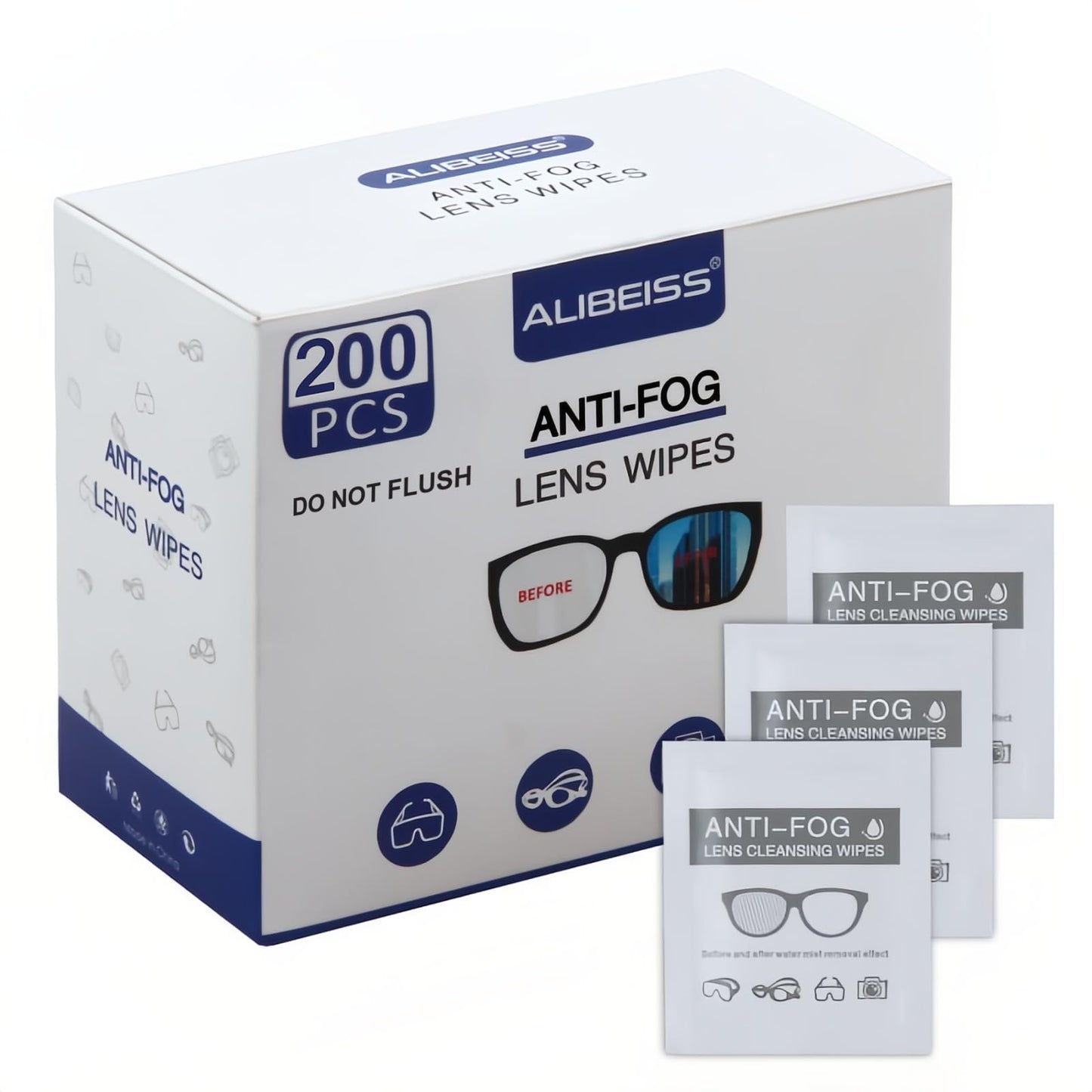 Alibeiss Anti-Fog Lens Wipes - Pre-Moistened 6" x 5" for Eyeglasses, 200 Pack