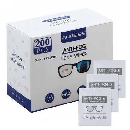 Alibeiss Anti-Fog Lens Wipes - Pre-Moistened 6" x 5" for Eyeglasses, 200 Pack