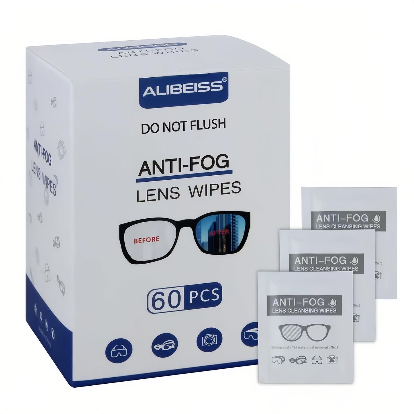 ALIBEISS Anti-Fog Lens Wipes – 60 Pack, Pre-Moistened, 6 x 5 in