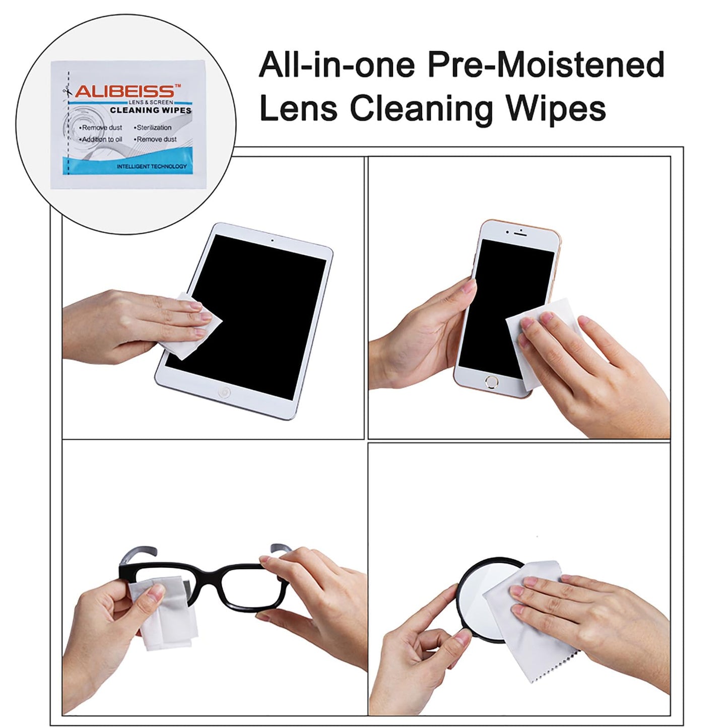 ALIBEISS Pre-Moistened Lens Wipes - Screen Cleaning Wipes for Glasses, Cameras, Tablets & Smartphones (Pack of 100)