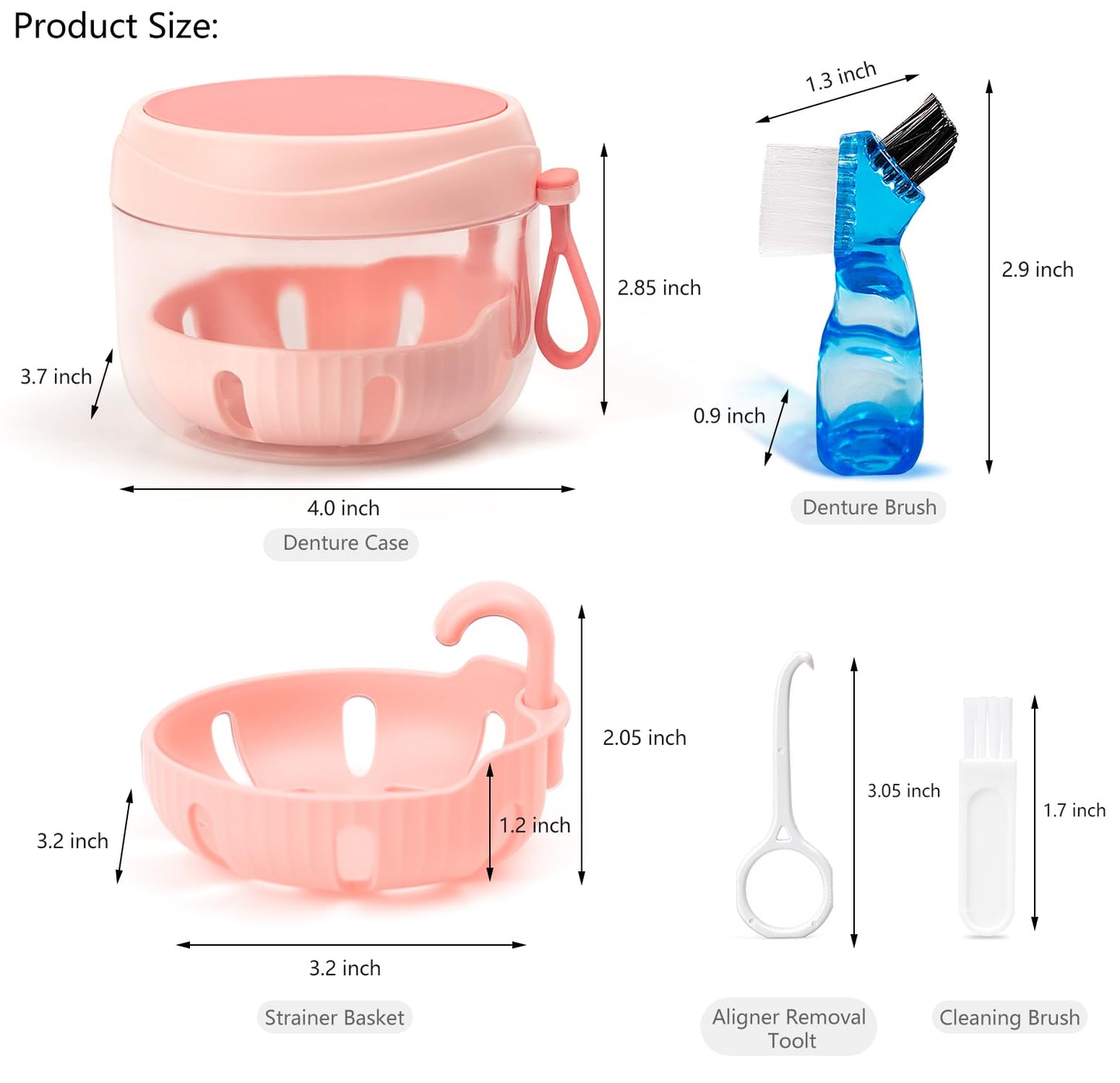 Denture Case - Leak-Proof Travel Bath Cup (Pink) with Mirror, Brush & Aligner Removal Tool