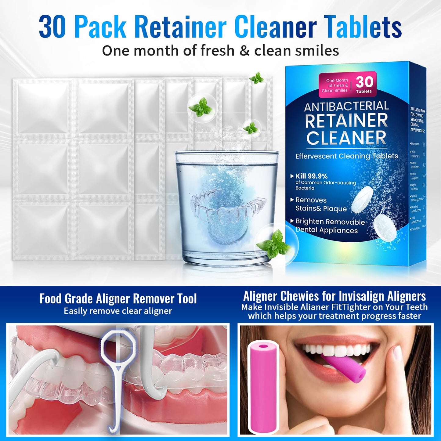 Retainer Cleaner Tablets for Invisalign – Sulphate-Free Effervescent Cleaner with Aligner Tools