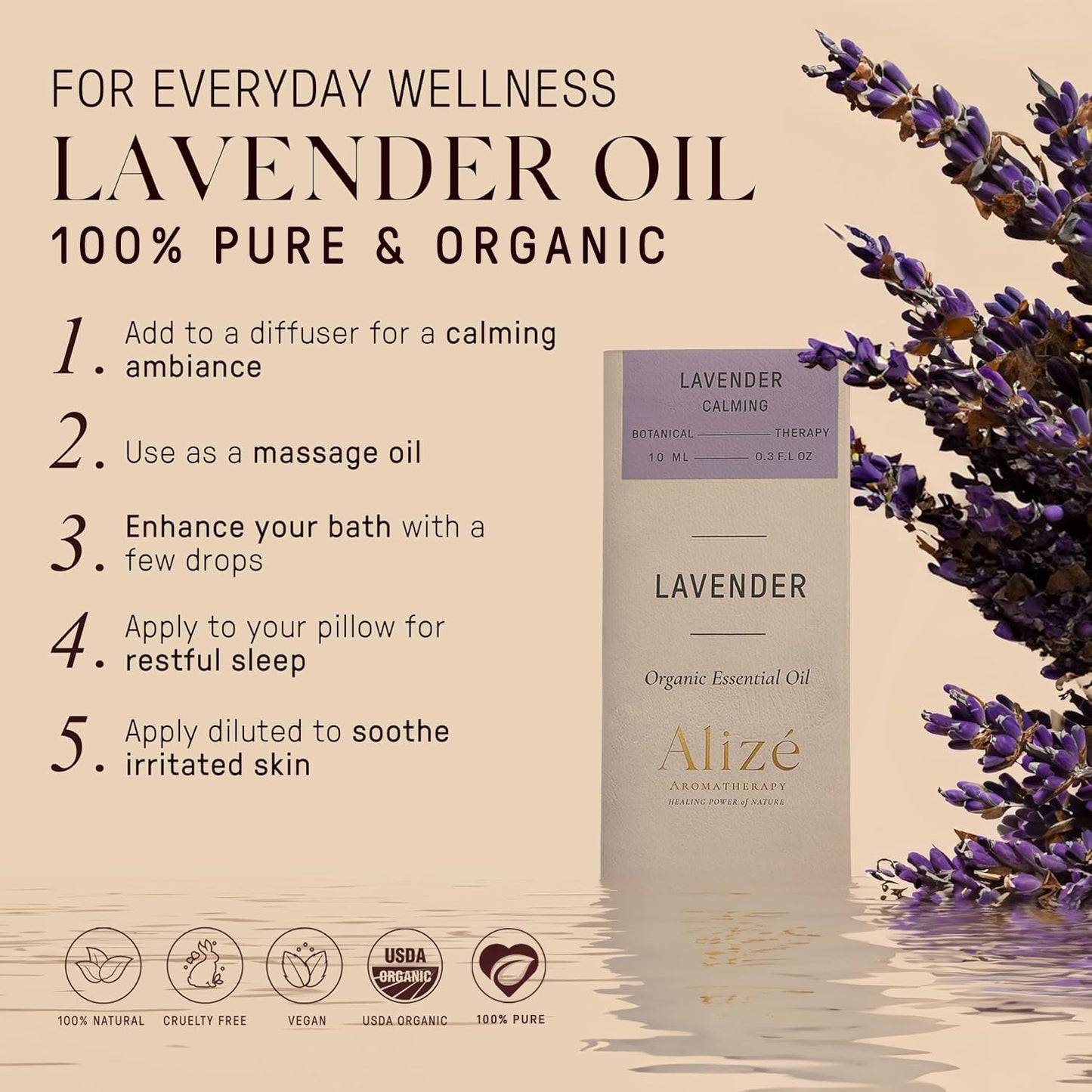 Alizé Aromatherapy Lavender Essential Oil – 100% Organic, USDA Certified (10ml)