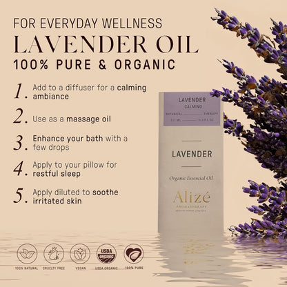 Alizé Aromatherapy Lavender Essential Oil – 100% Organic, USDA Certified (10ml)