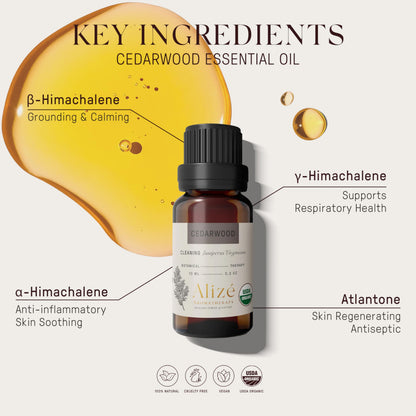 Alizé Aromatherapy Cedarwood Essential Oil – USDA Organic, 100% Natural & Pure (10ml/0.33 fl oz) for Diffusers, Tranquility