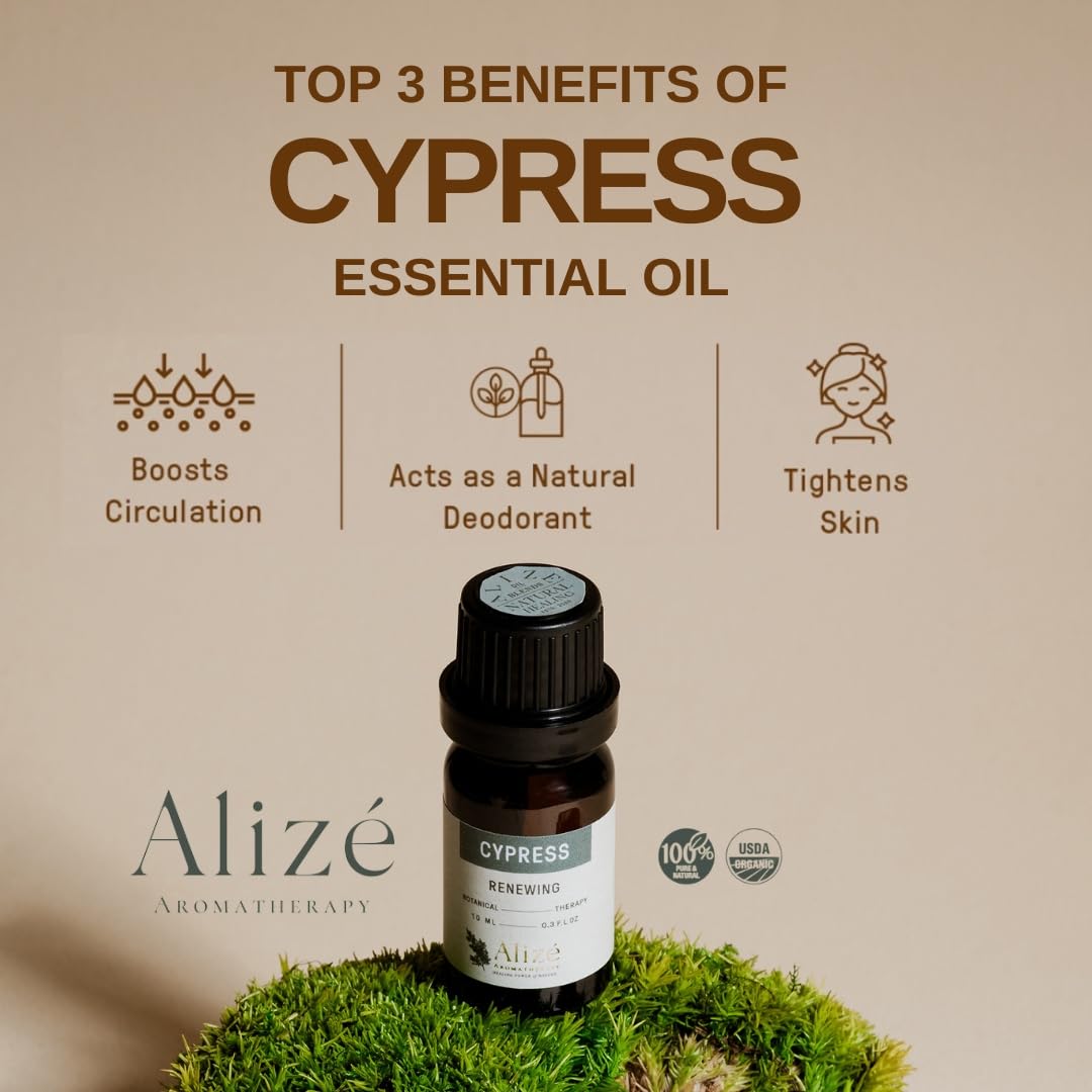 Alizé Aromatherapy Cypress Essential Oil – USDA Organic, 100% Pure, 10ml