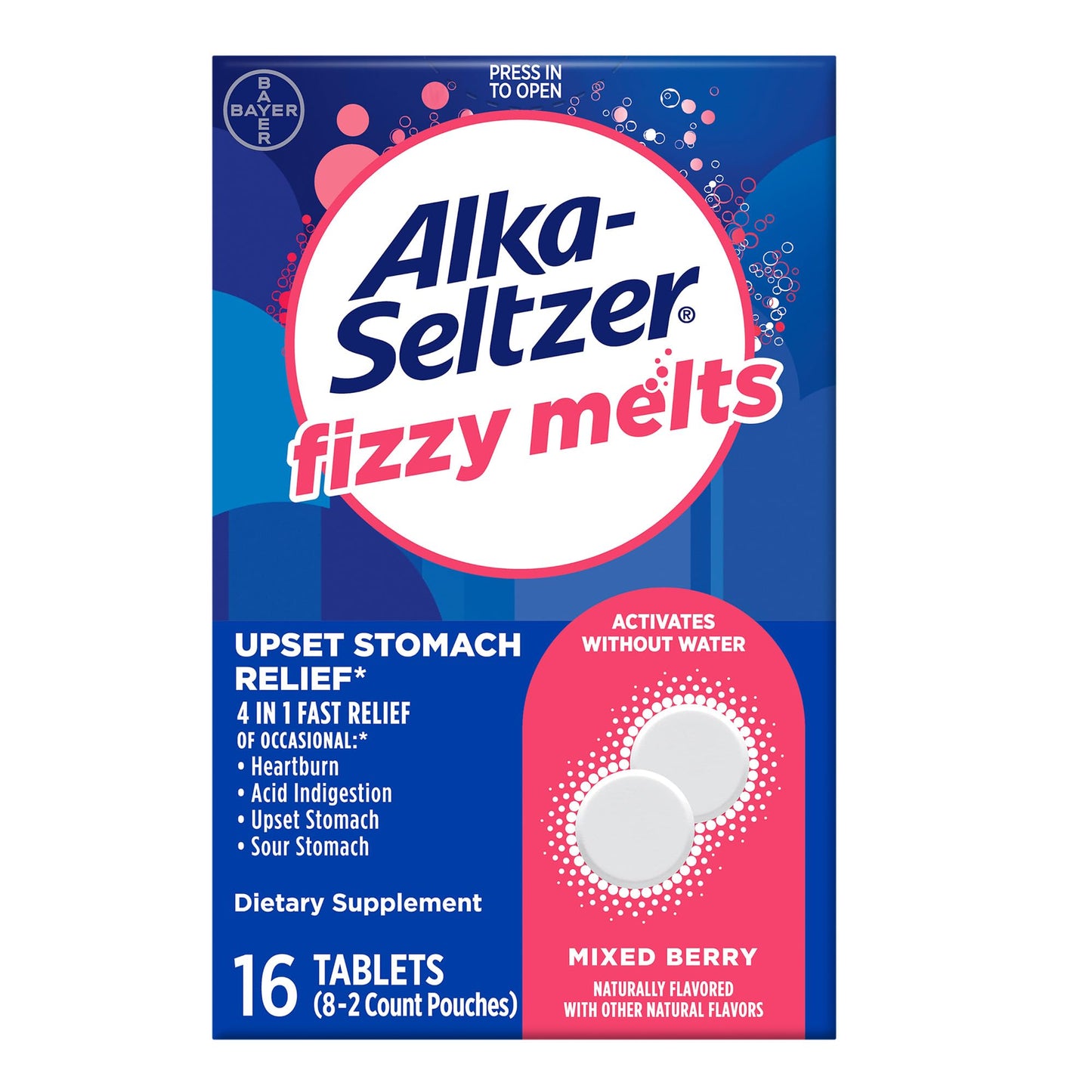 Alka-Seltzer Fizzy Melts – No-Water On-The-Go Antacid Tablets, Berry Flavor, 16ct
