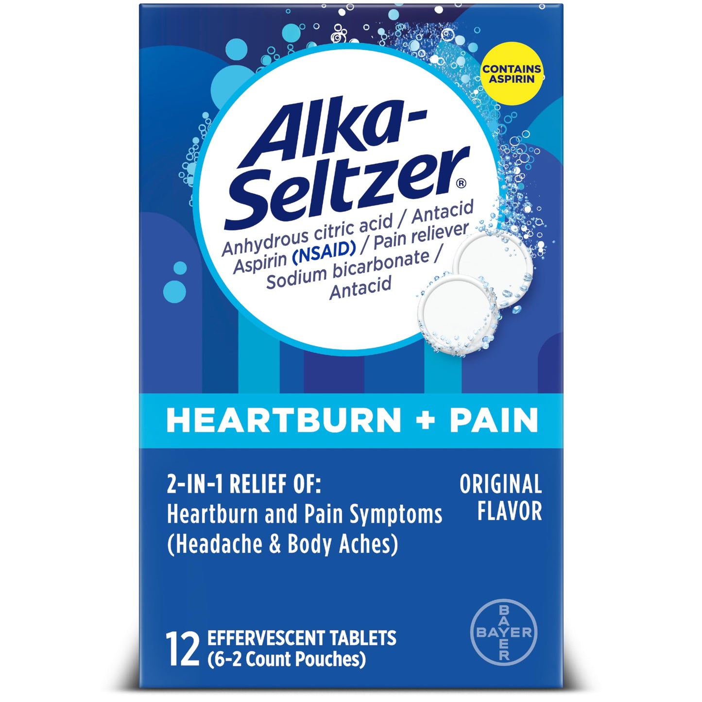 Alka-Seltzer Heartburn + Pain Relief Tablets | Fast Heartburn & Indigestion Relief, 12 Ct