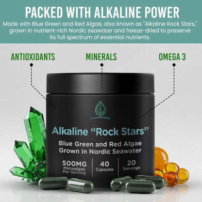 Alkaline Rock Stars Blue Green & Red Algae 500mg | Phytoplankton + Astaxanthin | 30 Day Supply (40 Capsules)