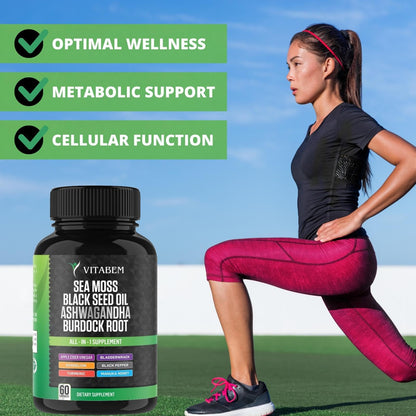 Sea Moss Black Seed Oil Ashwagandha Turmeric Burdock Root | All-in-One Sea Moss Capsules - 60 Count