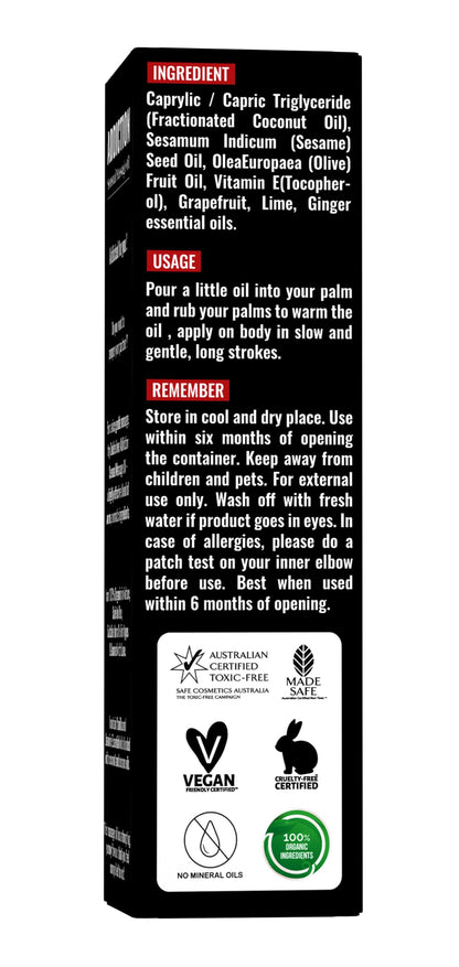 Organic Grapefruit Full Edible Body Massage Oil – Refreshing, Calming | No Stain & Non-Sticky | Fractionated Coconut Oil, Grapefruit & Lime Oil – 4.05 Fl Oz