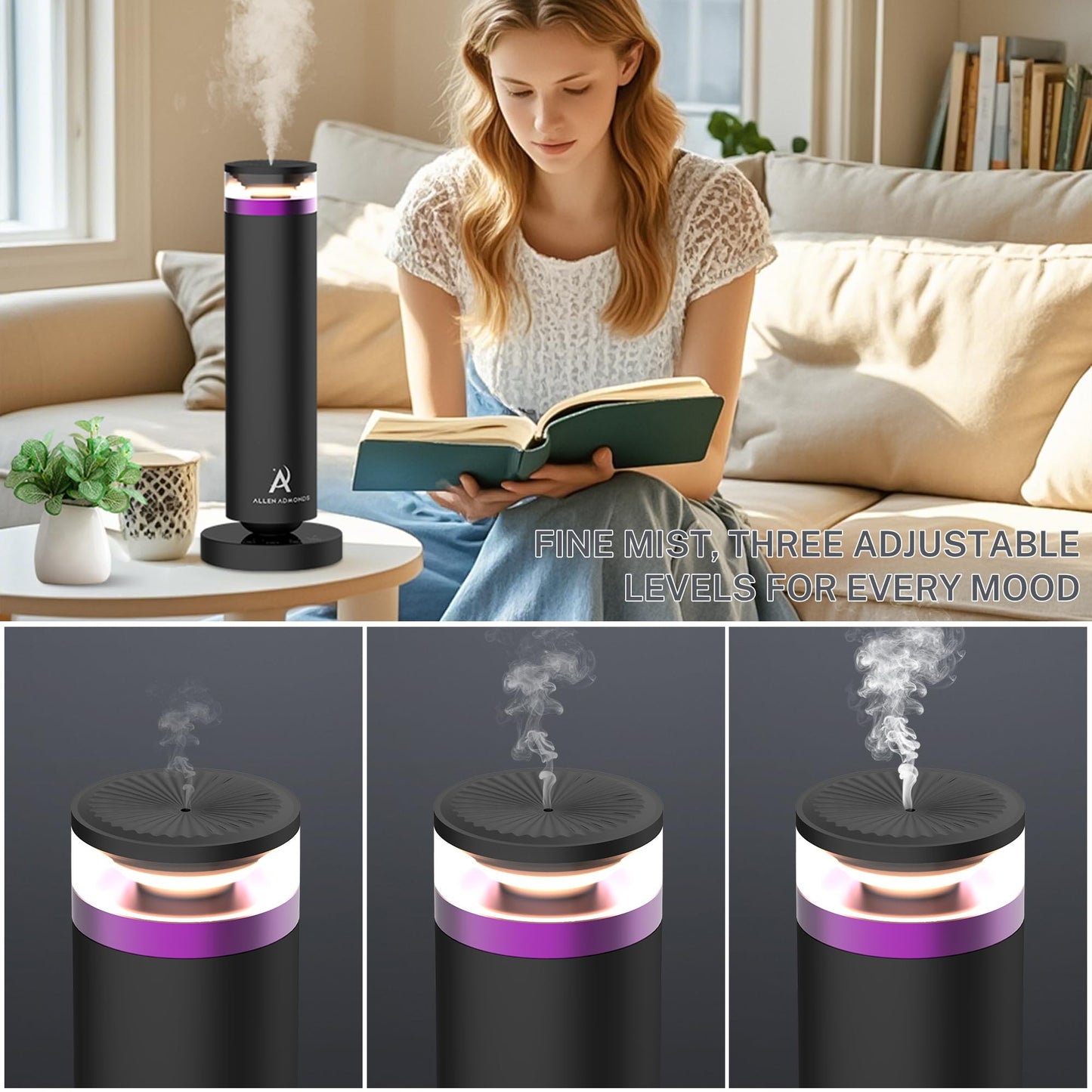 Allen Admonds Waterless Scent Diffuser — Large Room Coverage Up to 1500 Sq Ft, Remote & Touch Control