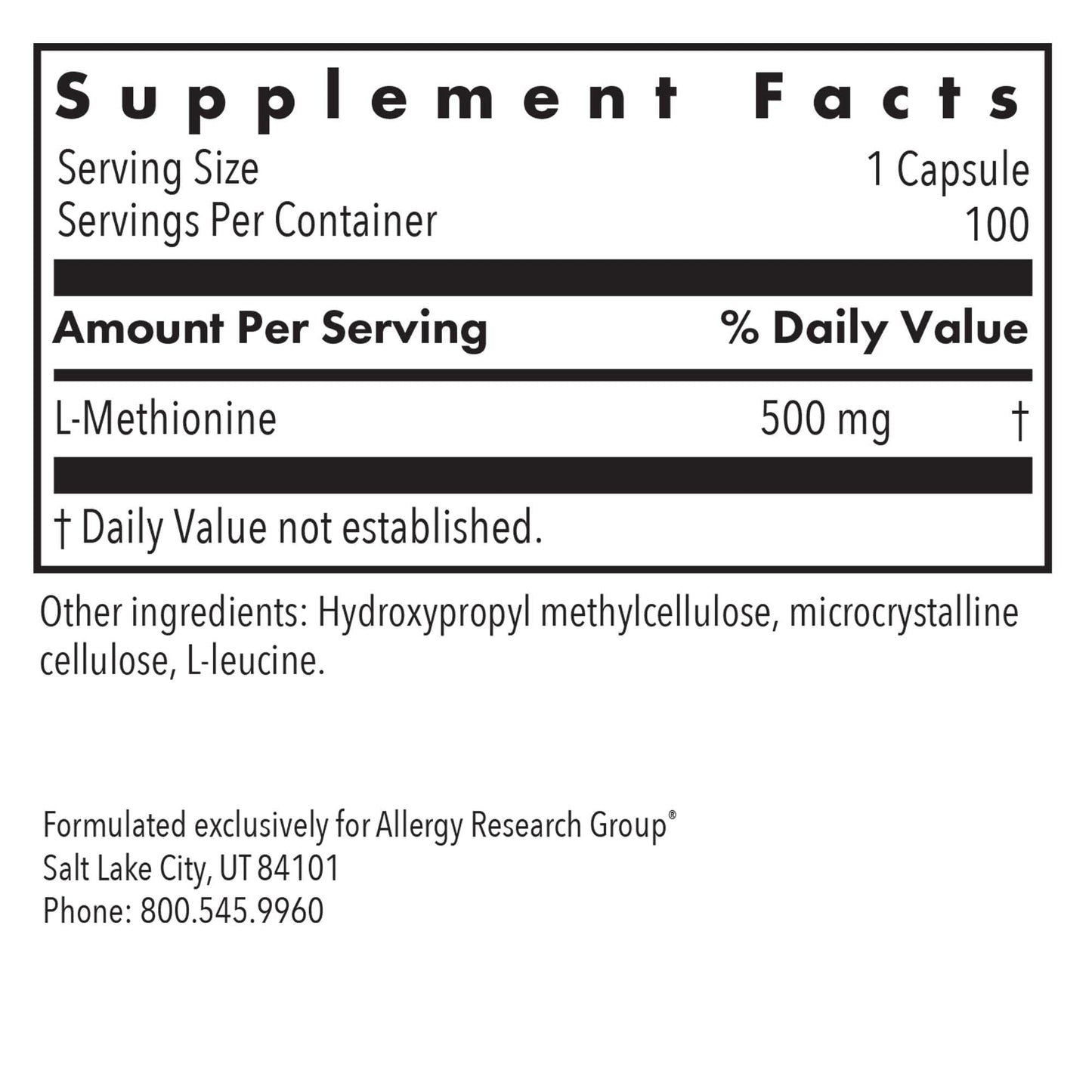 L-Methionine 500mg – Liver & Energy Support | Allergy Research Group | Vegetarian Capsules (100 Count)