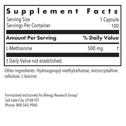 L-Methionine 500mg – Liver & Energy Support | Allergy Research Group | Vegetarian Capsules (100 Count)